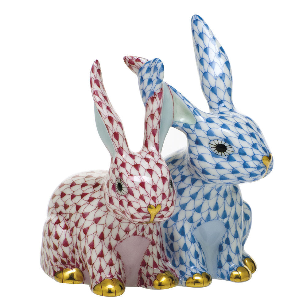 Herend Twisted Bunnies Figurine porcelain figurine painted in the Blue-Raspberry fishnet pattern