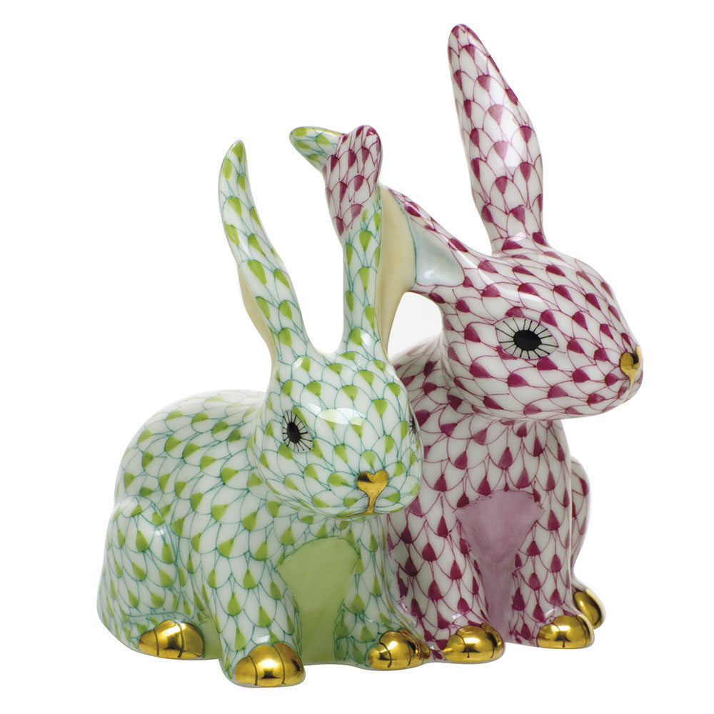 Twisted Bunnies Figurine in hand-painted Raspberry-Key Lime porcelain by Herend of Hungary
