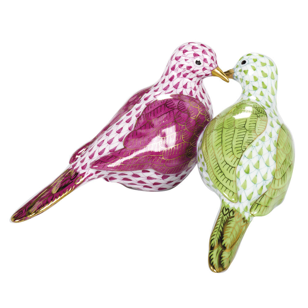 Hand-painted Herend Two Turtle Doves Figurine in fine porcelain, 4.5in L X 2.25in H, on a white background