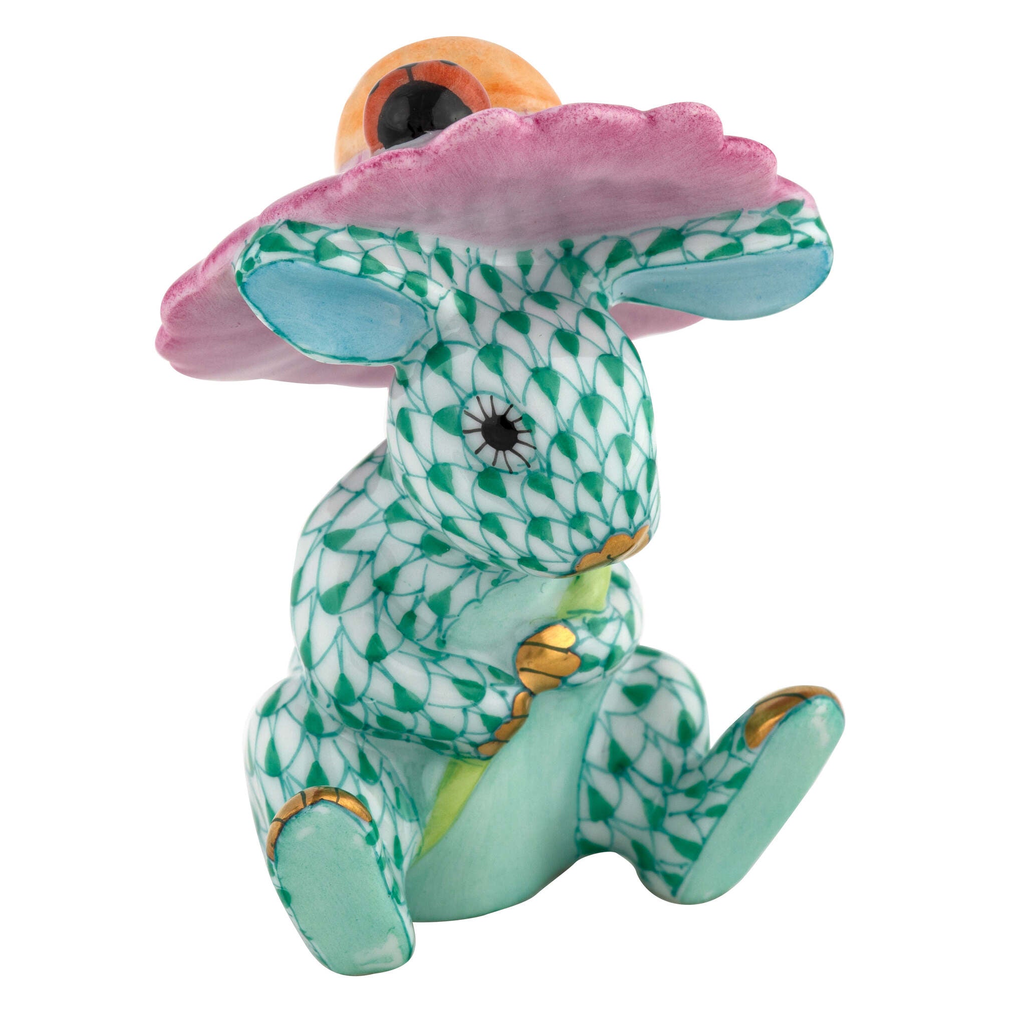 Herend Umbrella Bunny Figurine porcelain figurine painted in the Green fishnet pattern