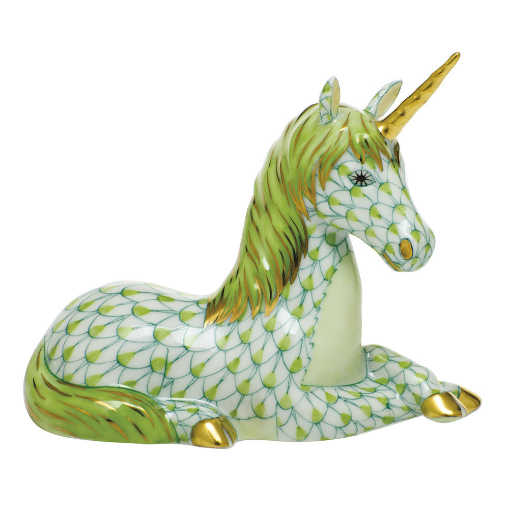 Hand-painted Herend Unicorn Figurine in Key Lime fishnet porcelain on a white background