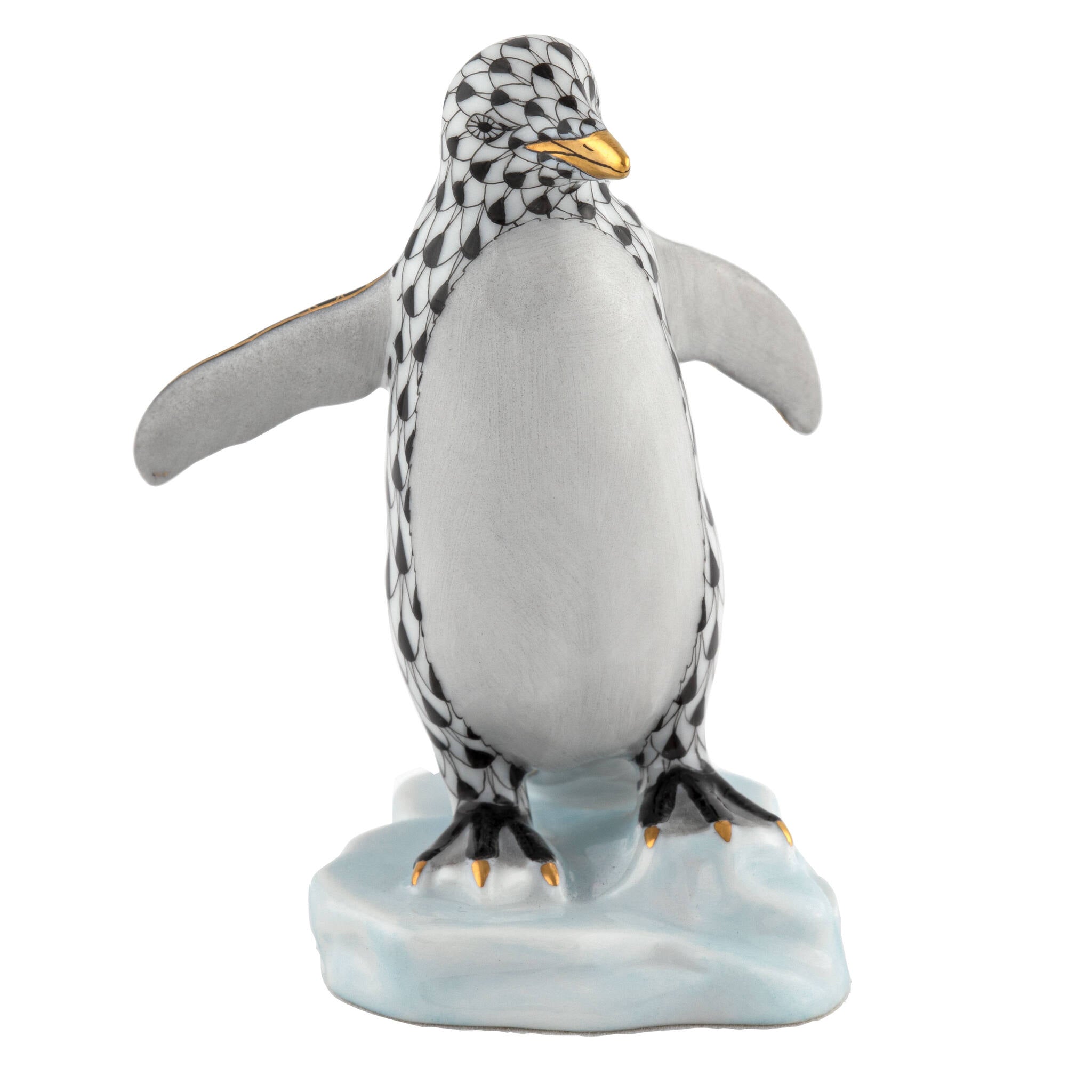 Black fishnet Waddling Penguin Figurine figurine, hand-painted Herend porcelain with 24k gold accents