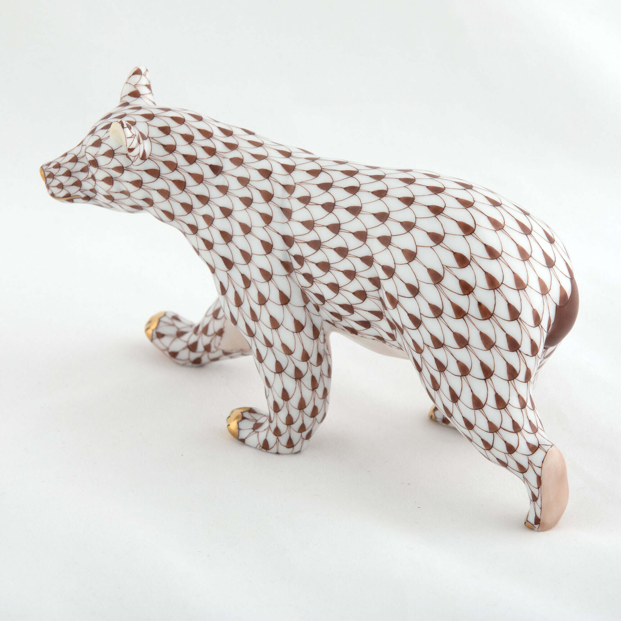 Chocolate fishnet Walking Bear Figurine figurine, hand-painted Herend porcelain with 24k gold accents