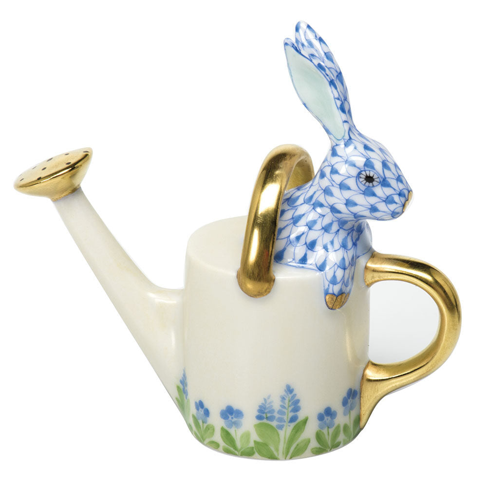 Watering Can Bunny Figurine in hand-painted Blue porcelain by Herend of Hungary