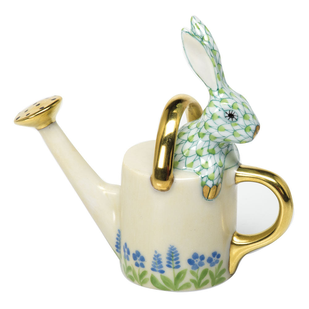 Herend Watering Can Bunny Figurine porcelain figurine painted in the Key Lime fishnet pattern