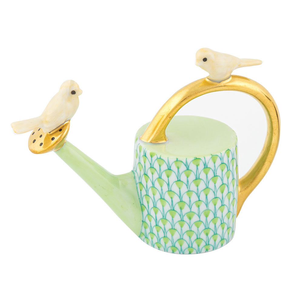 Watering Can with Birds Figurine in hand-painted Key Lime porcelain by Herend of Hungary