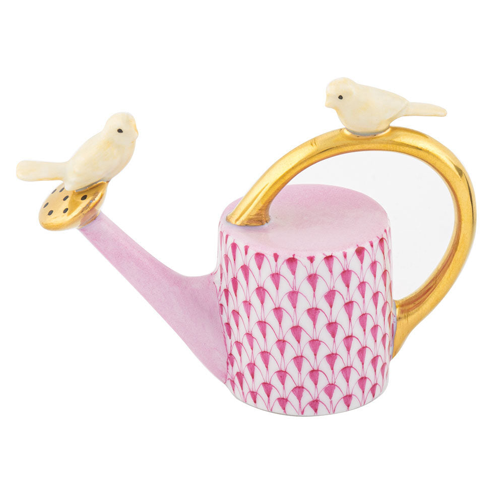 Watering Can with Birds Figurine in hand-painted Raspberry porcelain by Herend of Hungary