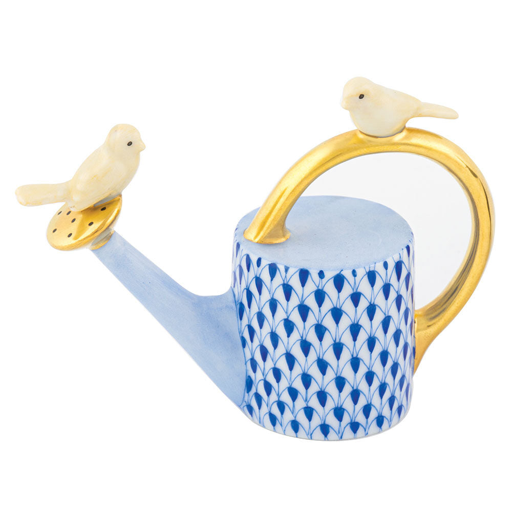 Herend Watering Can with Birds Figurine porcelain figurine painted in the Sapphire fishnet pattern