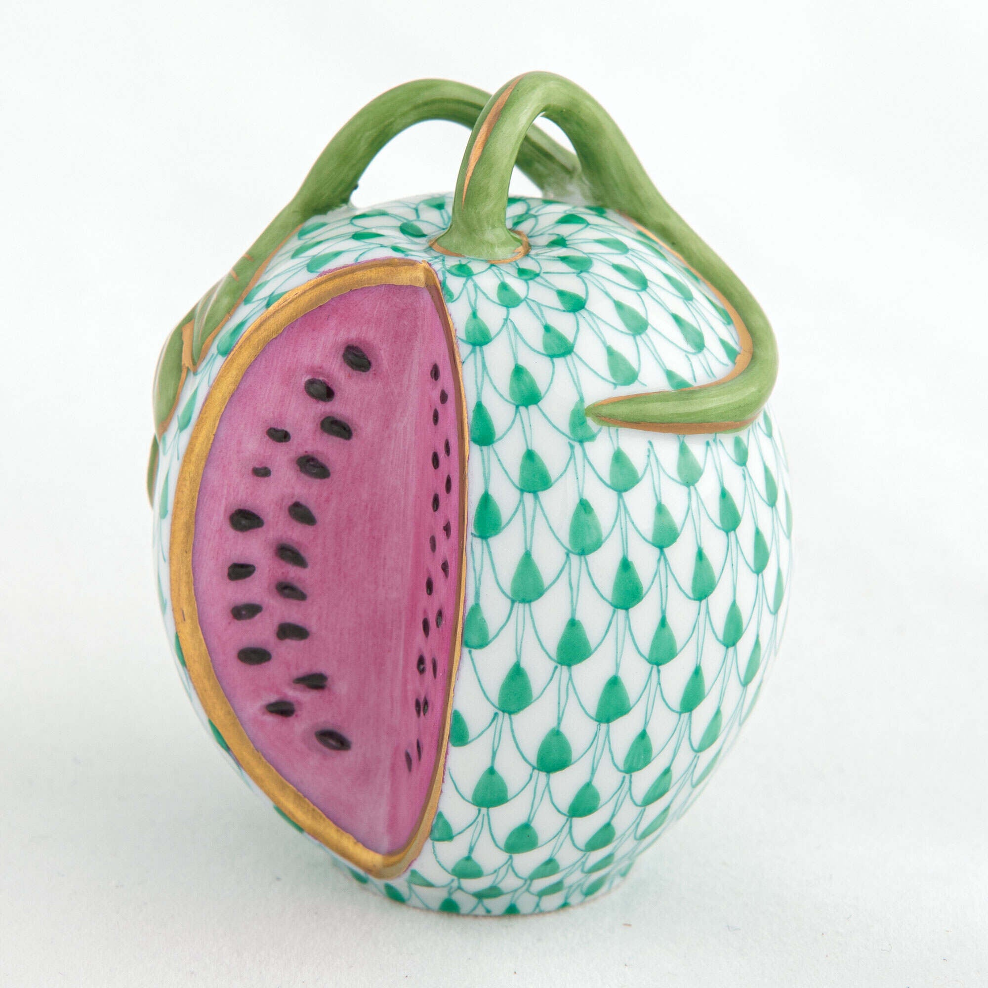 Hand-painted Herend Watermelon Figurine in fine porcelain, 1.75in L X 1.75in W X 2.25in H, on a white background