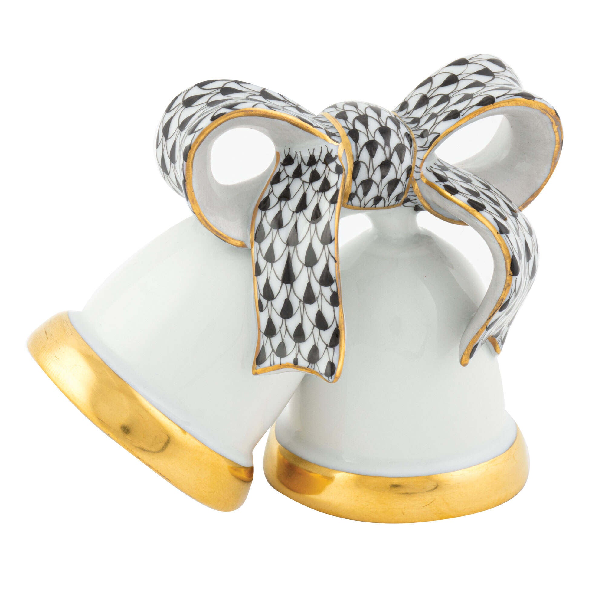 Hand-painted Herend Wedding Bells Figurine in Black fishnet porcelain on a white background