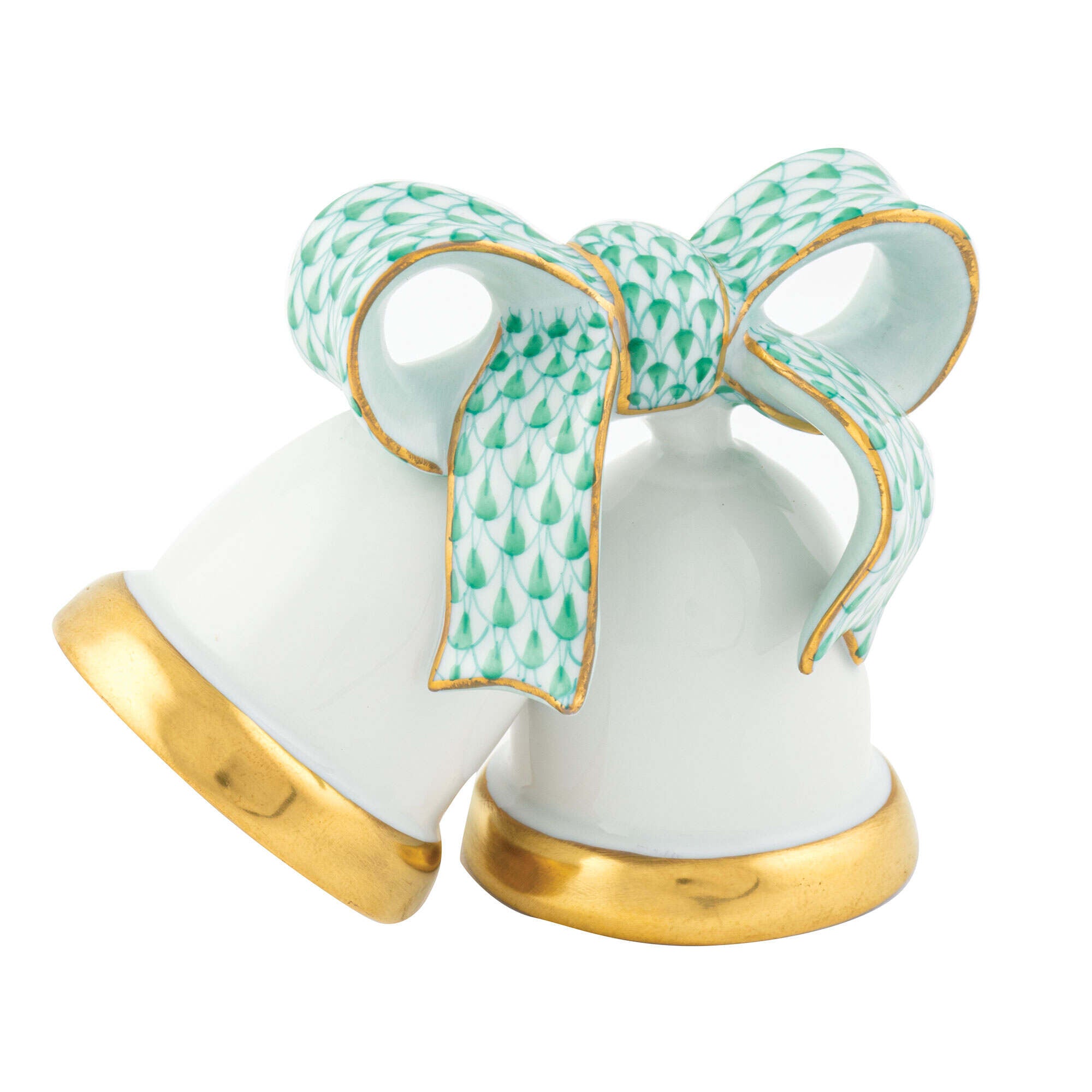 Hand-painted Herend Wedding Bells Figurine in Green fishnet porcelain on a white background