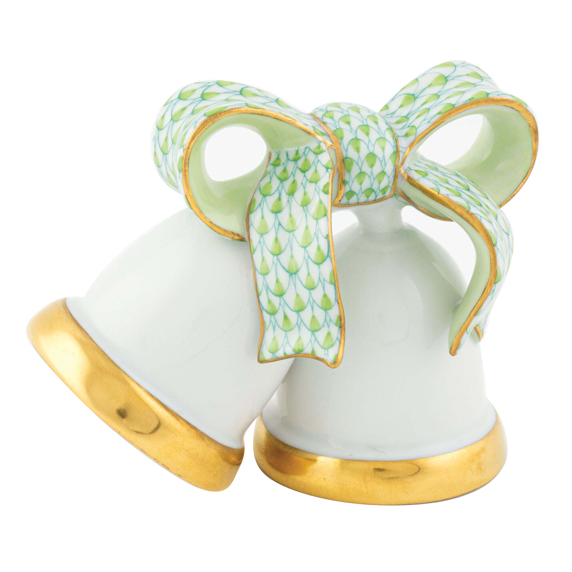 Hand-painted Herend Wedding Bells Figurine in Key Lime fishnet porcelain on a white background