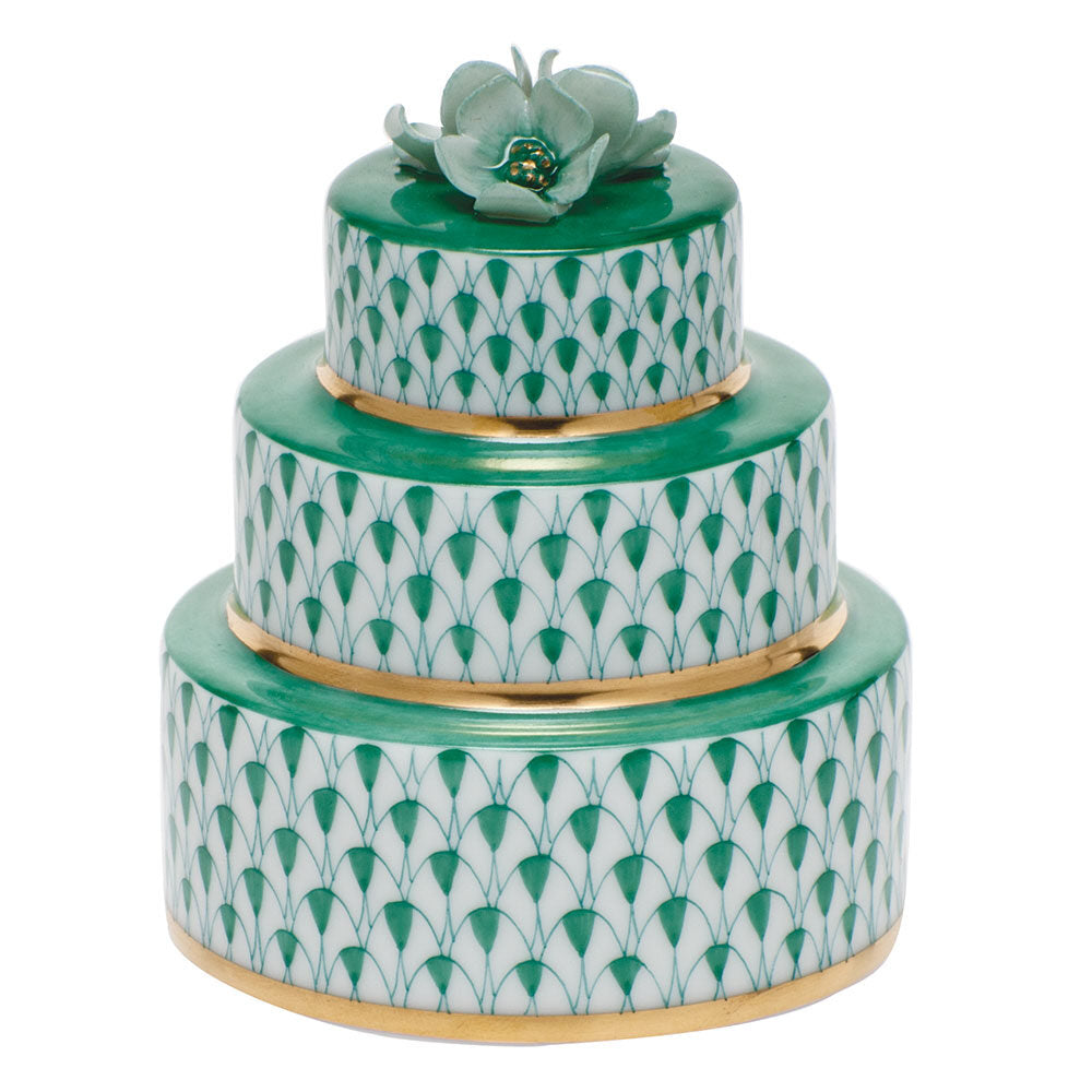 Hand-painted Herend Wedding Cake Figurine in Green fishnet porcelain on a white background