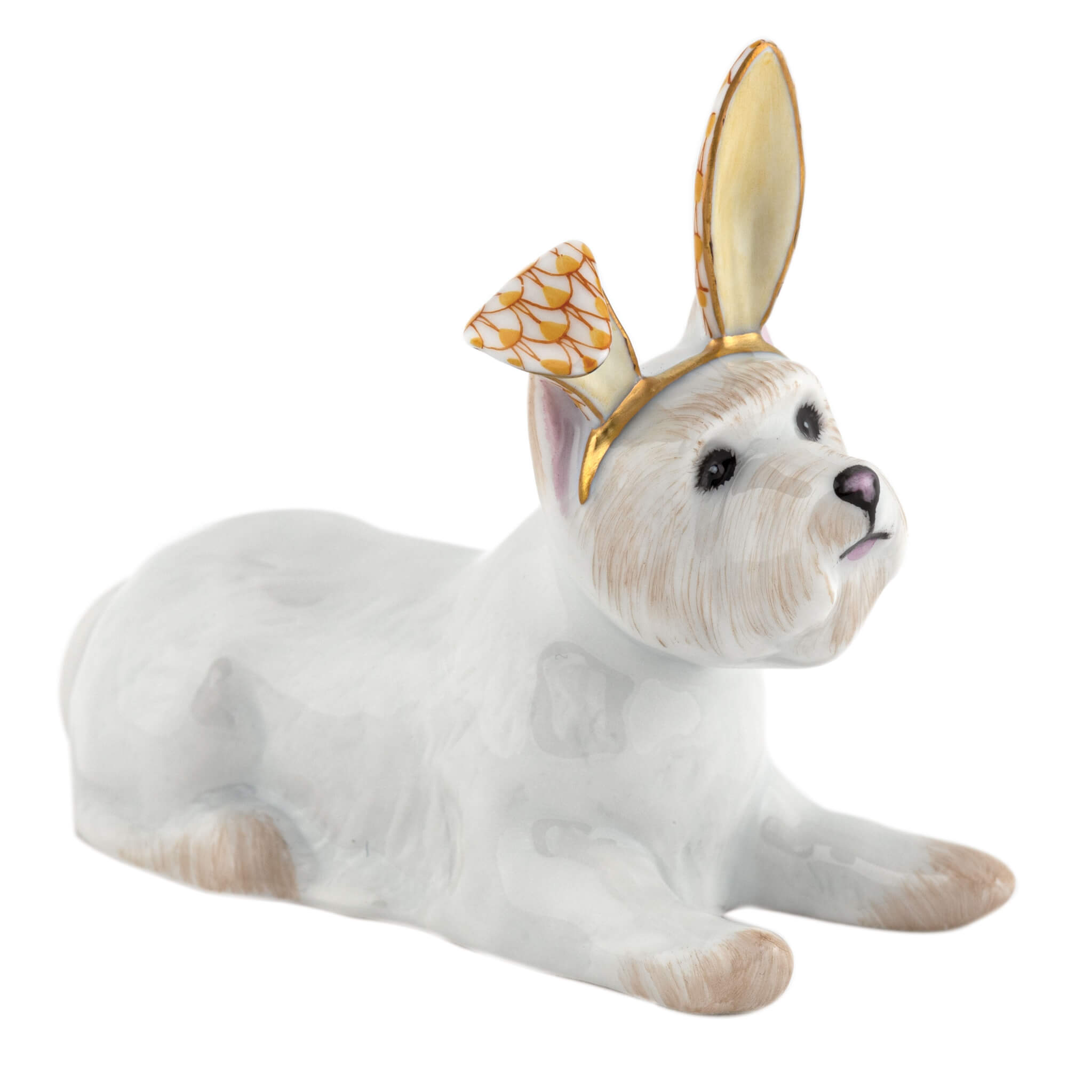 Herend Westie with Bunny Ears figurine in Butterscotch with warm butterscotch yellow fishnet pattern with gold accents on a white background