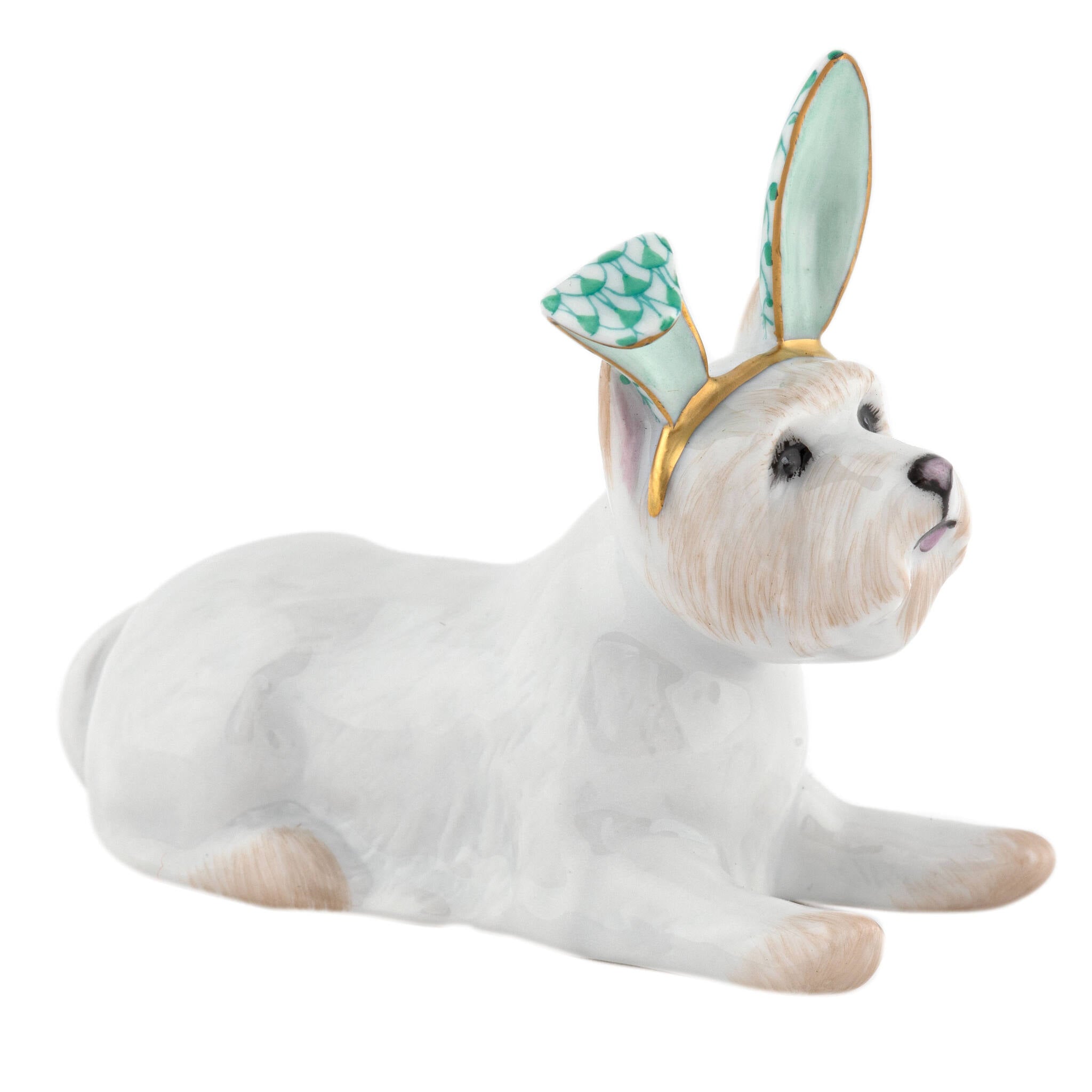Herend Westie with Bunny Ears Figurine porcelain figurine painted in the Green fishnet pattern