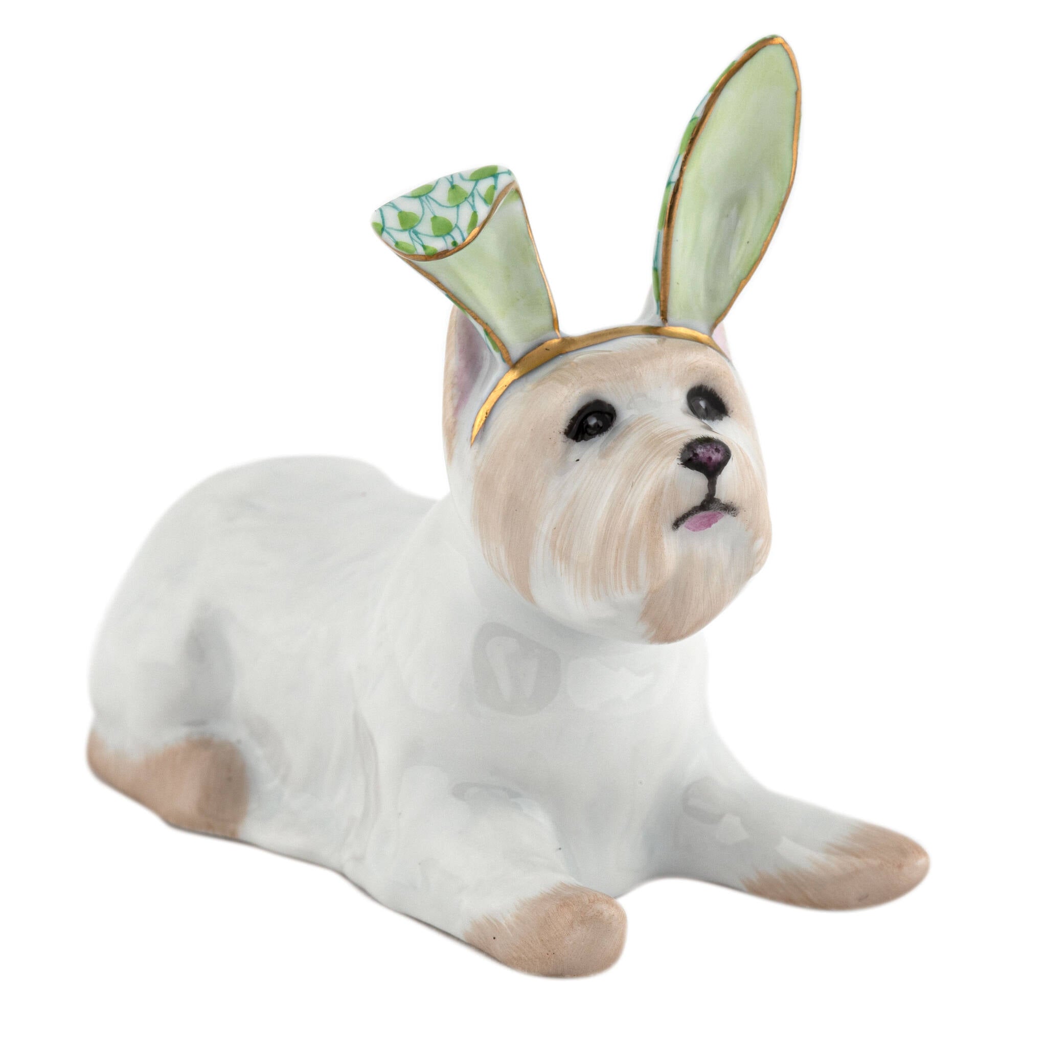 Hand-painted Herend Westie with Bunny Ears Figurine in Key Lime fishnet porcelain on a white background