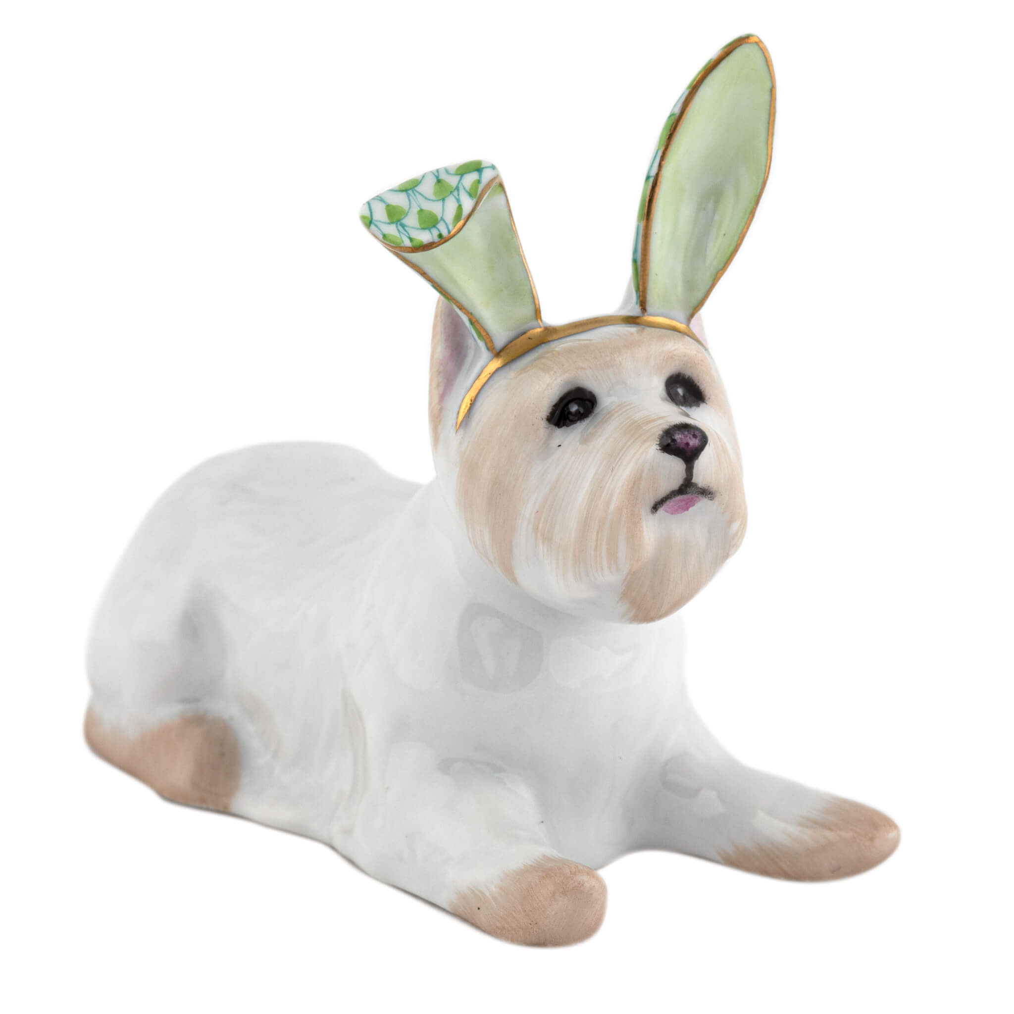 Herend Westie with Bunny Ears figurine in Keylime with key lime green fishnet pattern with gold accents on a white background