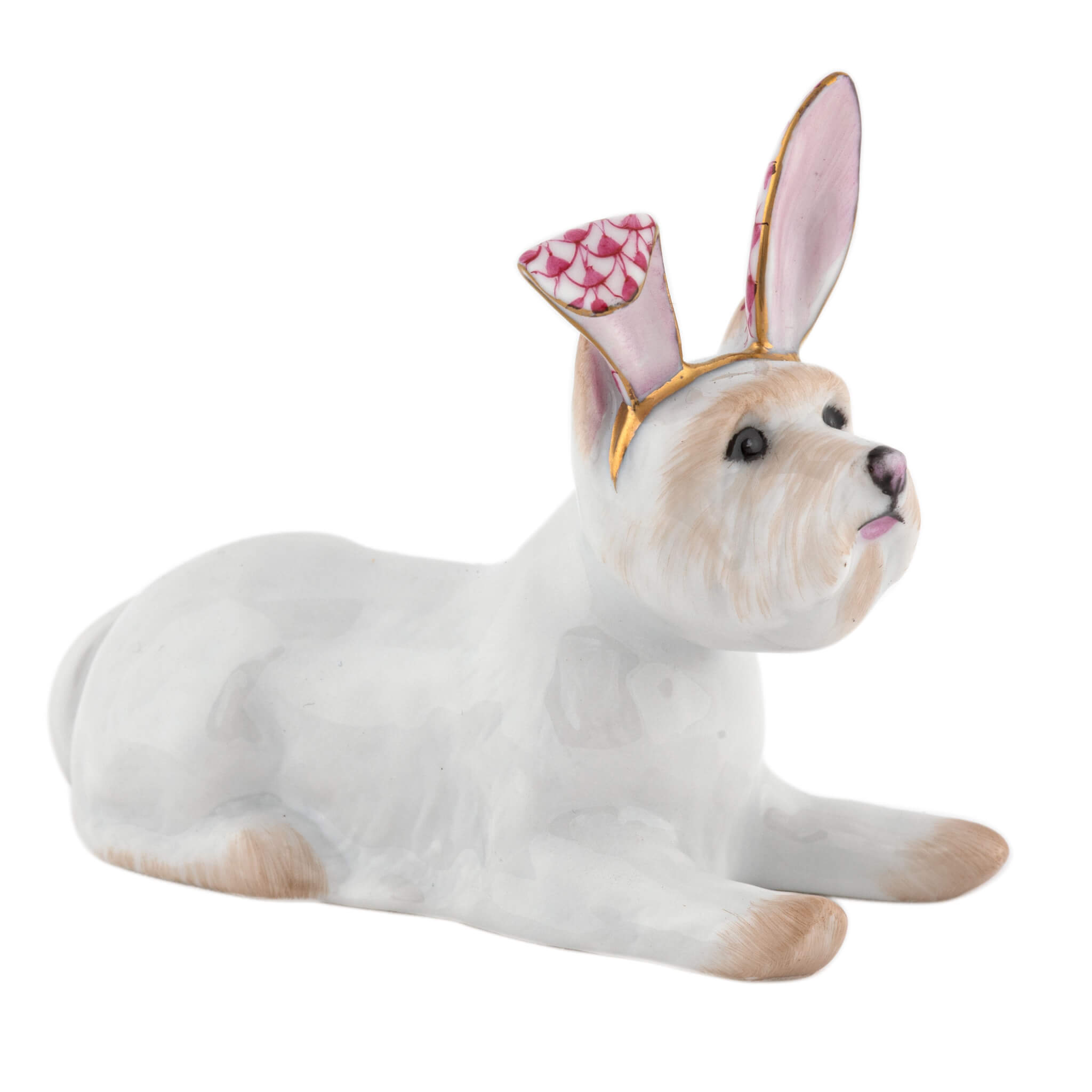 Herend Westie with Bunny Ears figurine in Raspberry with raspberry pink fishnet pattern with gold accents on a white background