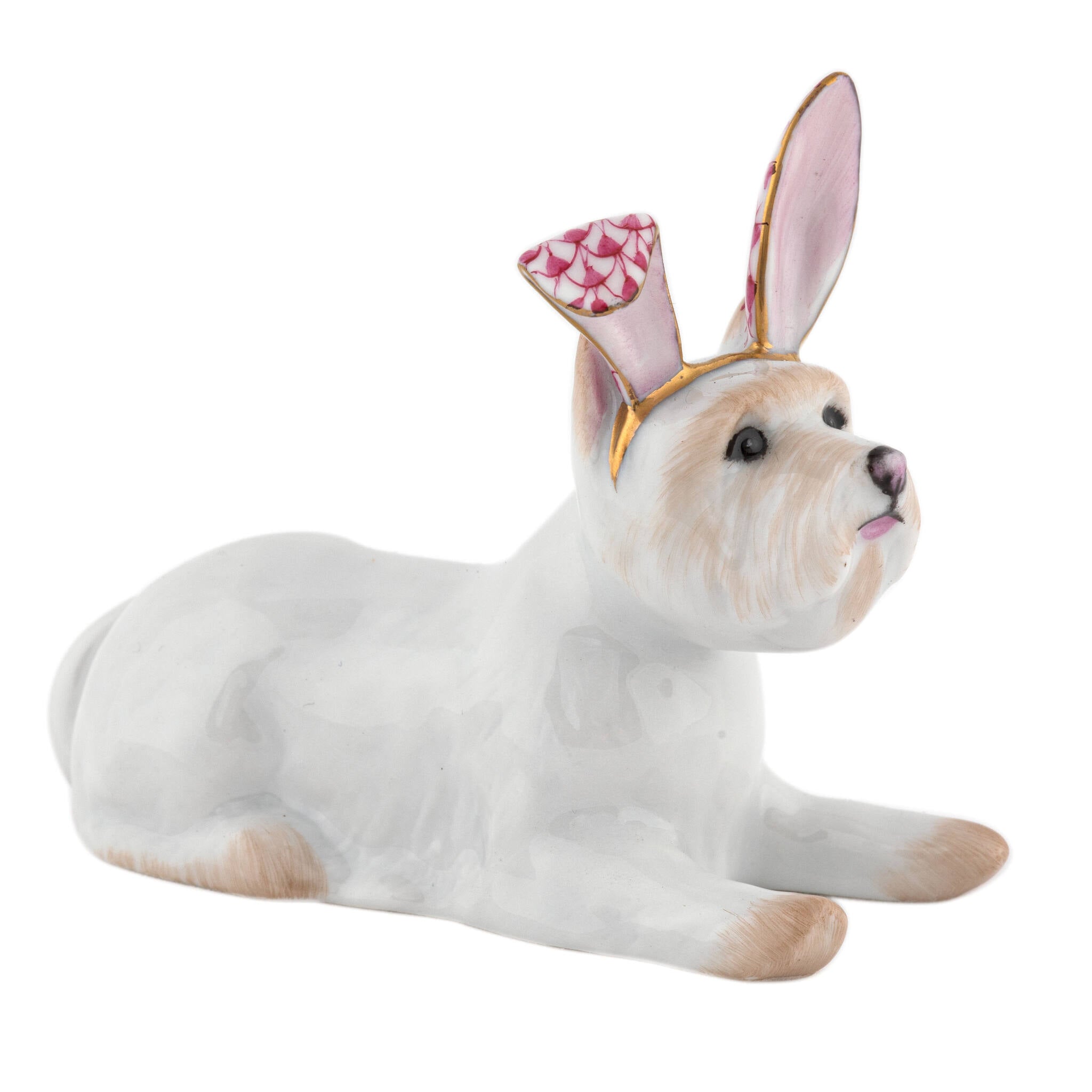 Herend Westie with Bunny Ears Figurine porcelain figurine painted in the Raspberry fishnet pattern