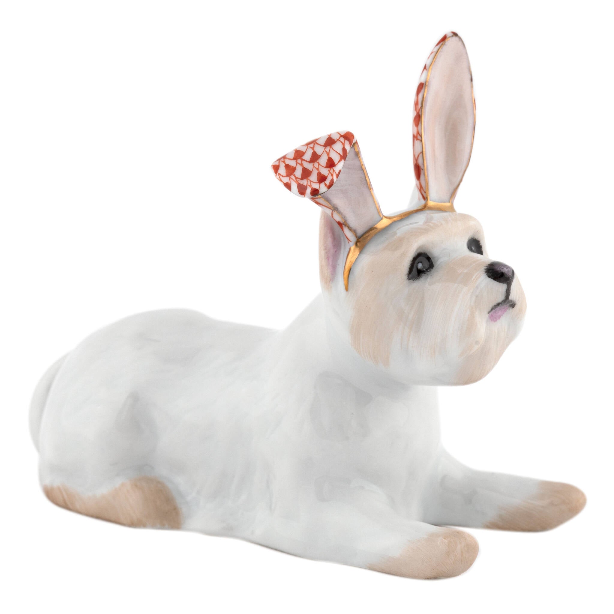 Rust fishnet Westie with Bunny Ears Figurine figurine, hand-painted Herend porcelain with 24k gold accents