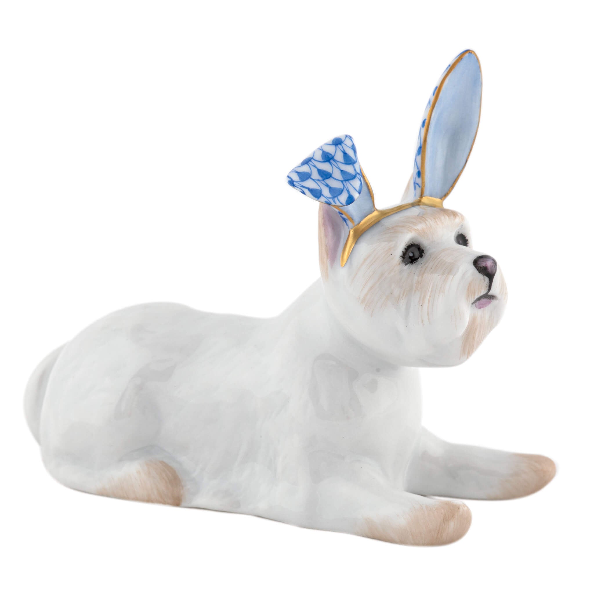 Herend Westie with Bunny Ears figurine in Sapphire with deep sapphire blue fishnet pattern with gold accents on a white background