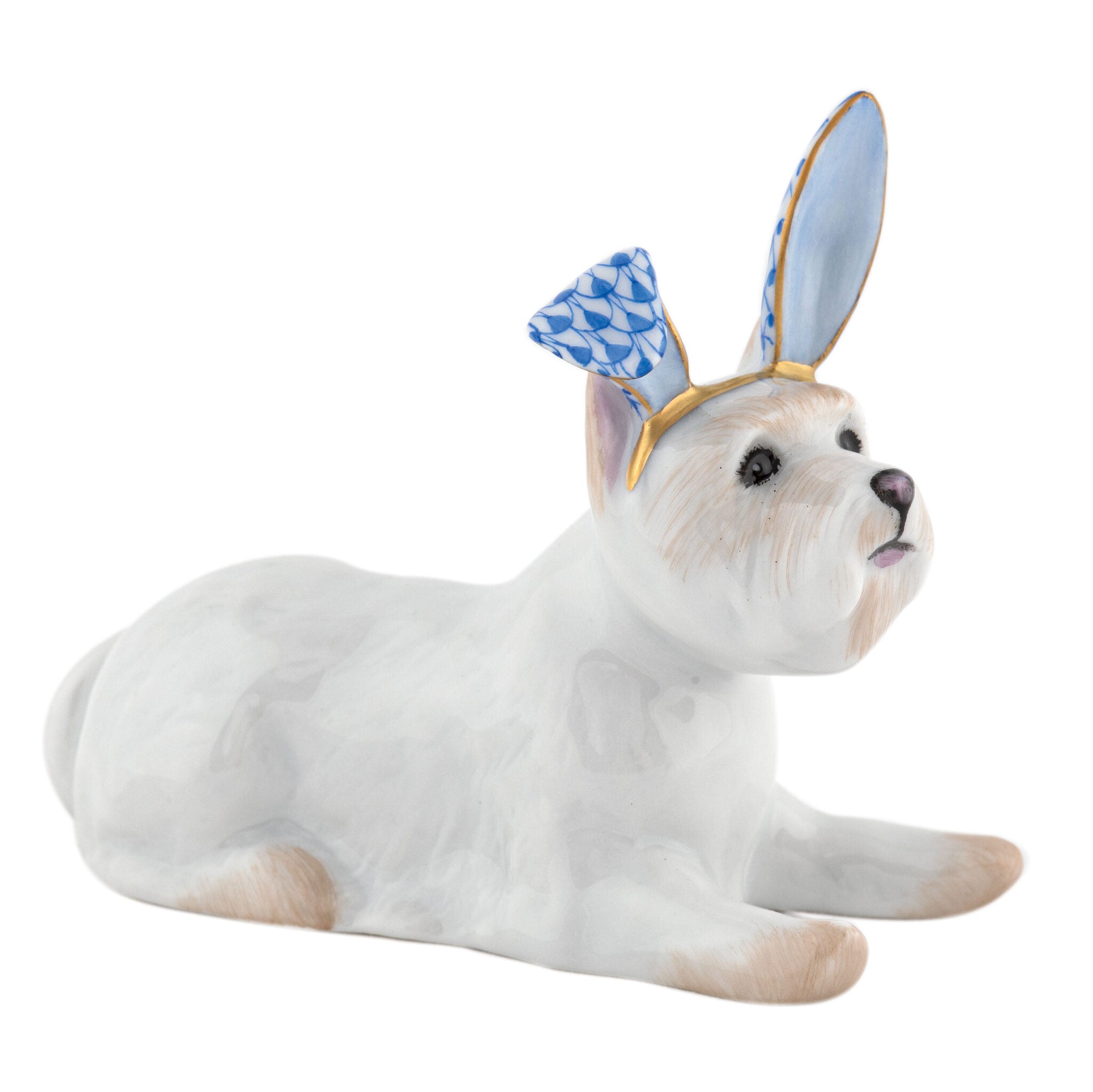 Sapphire fishnet Westie with Bunny Ears Figurine figurine, hand-painted Herend porcelain with 24k gold accents
