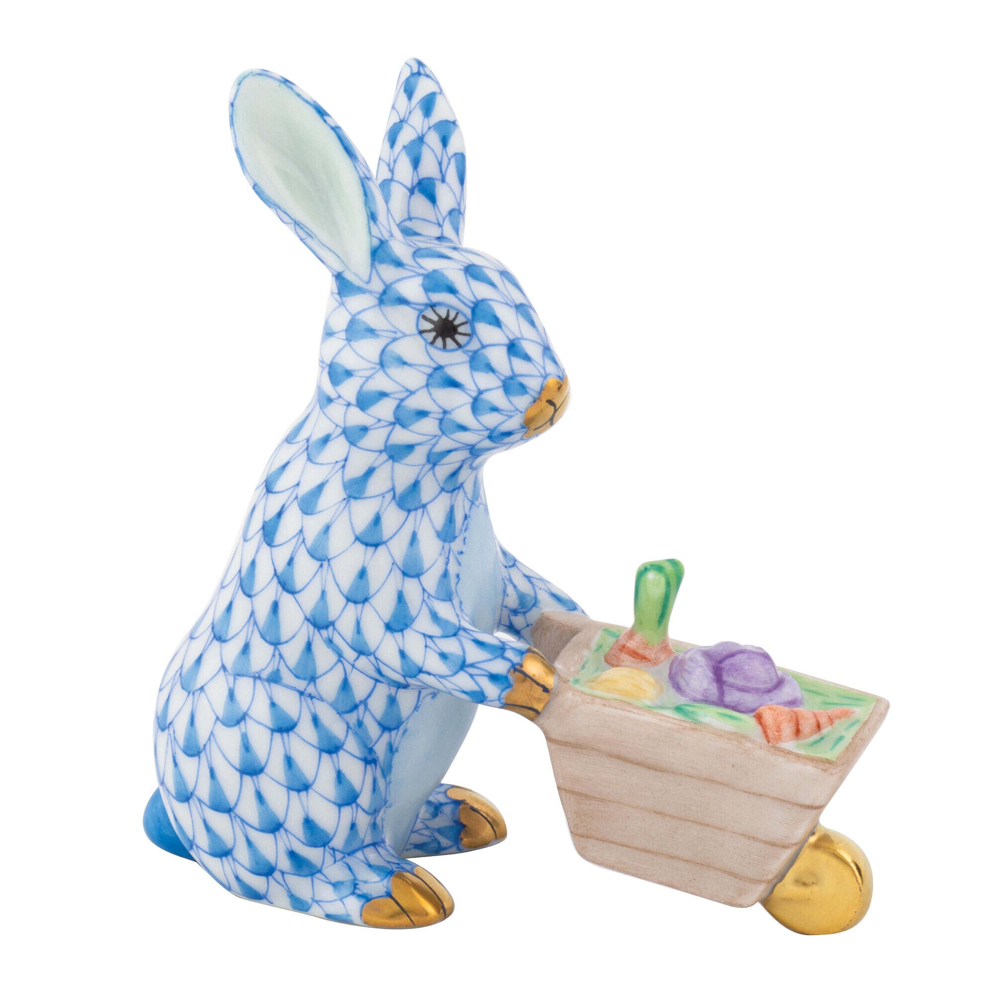Blue fishnet Wheelbarrow Bunny Figurine figurine, hand-painted Herend porcelain with 24k gold accents