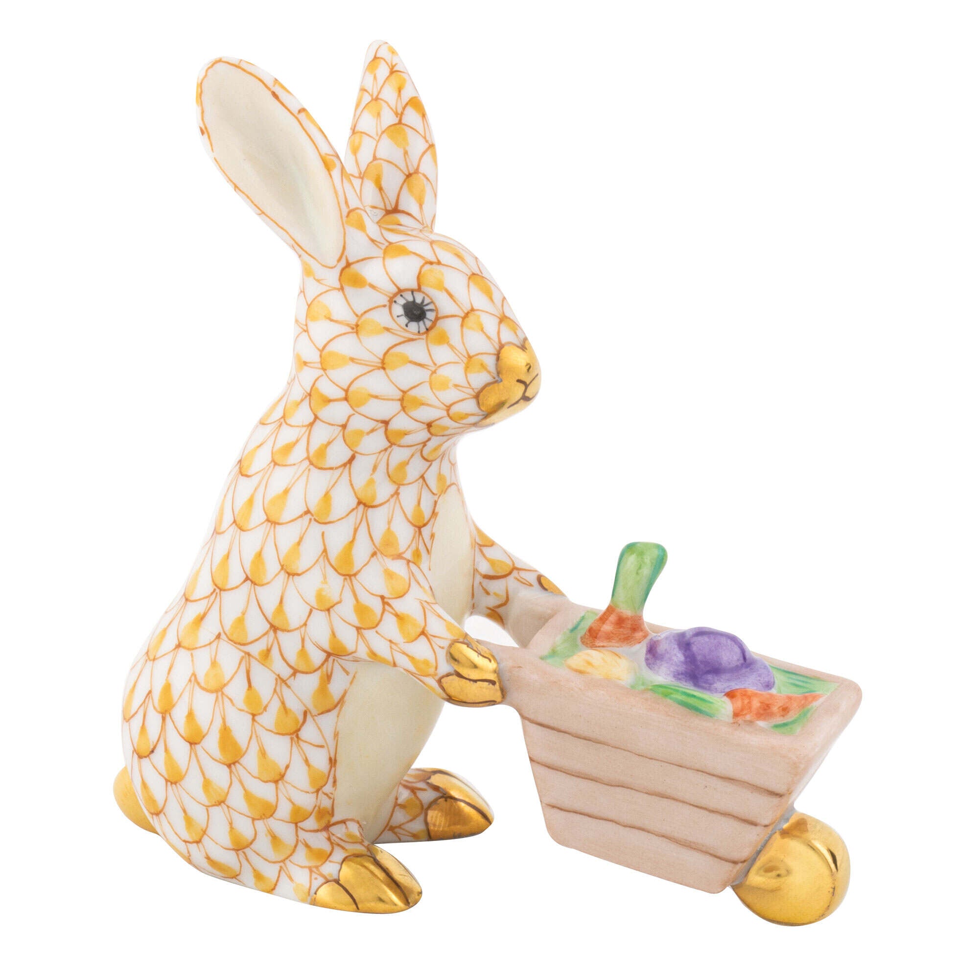 Wheelbarrow Bunny Figurine in hand-painted Butterscotch porcelain by Herend of Hungary