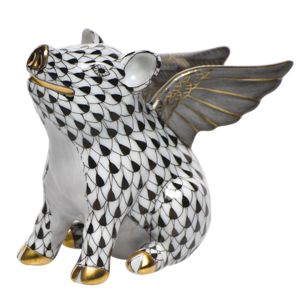 Hand-painted Herend When Pigs Fly Figurine in Black fishnet porcelain on a white background