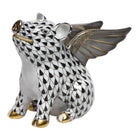 Hand-painted Herend When Pigs Fly Figurine in Black fishnet porcelain on a white background