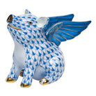 Hand-painted Herend When Pigs Fly Figurine in Blue fishnet porcelain on a white background