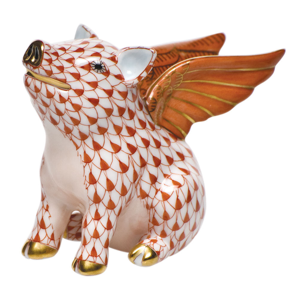 Rust fishnet When Pigs Fly Figurine figurine, hand-painted Herend porcelain with 24k gold accents