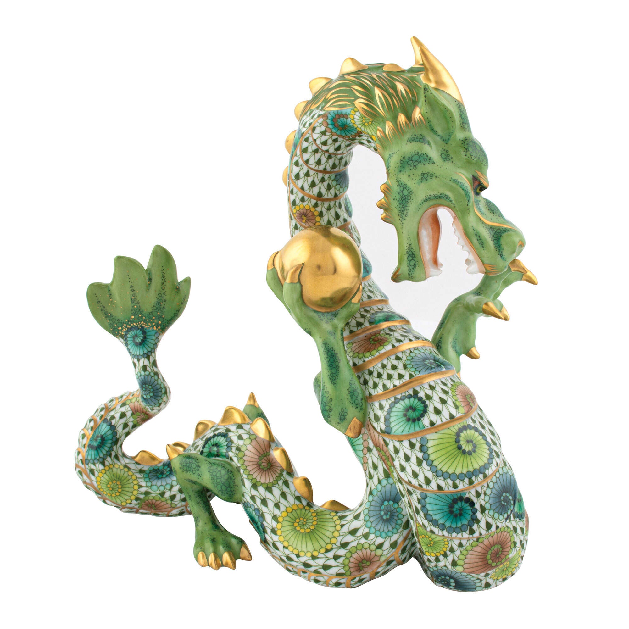Hand-painted Herend Whirlwind Dragon Figurine in fine porcelain, 6.75in L X 4in W X 7in H, on a white background