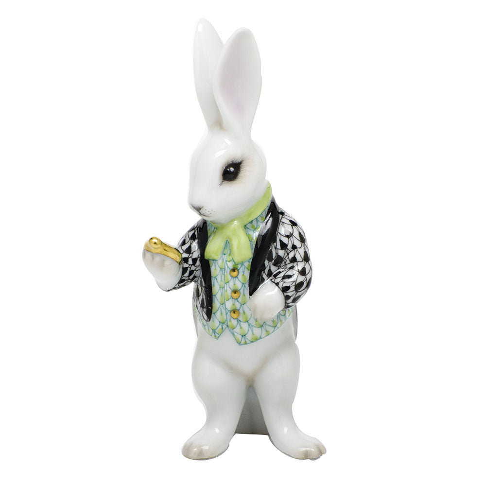 Hand-painted Herend White Rabbit Figurine in Black-Key Lime fishnet porcelain on a white background