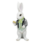 Hand-painted Herend White Rabbit Figurine in Black-Key Lime fishnet porcelain on a white background