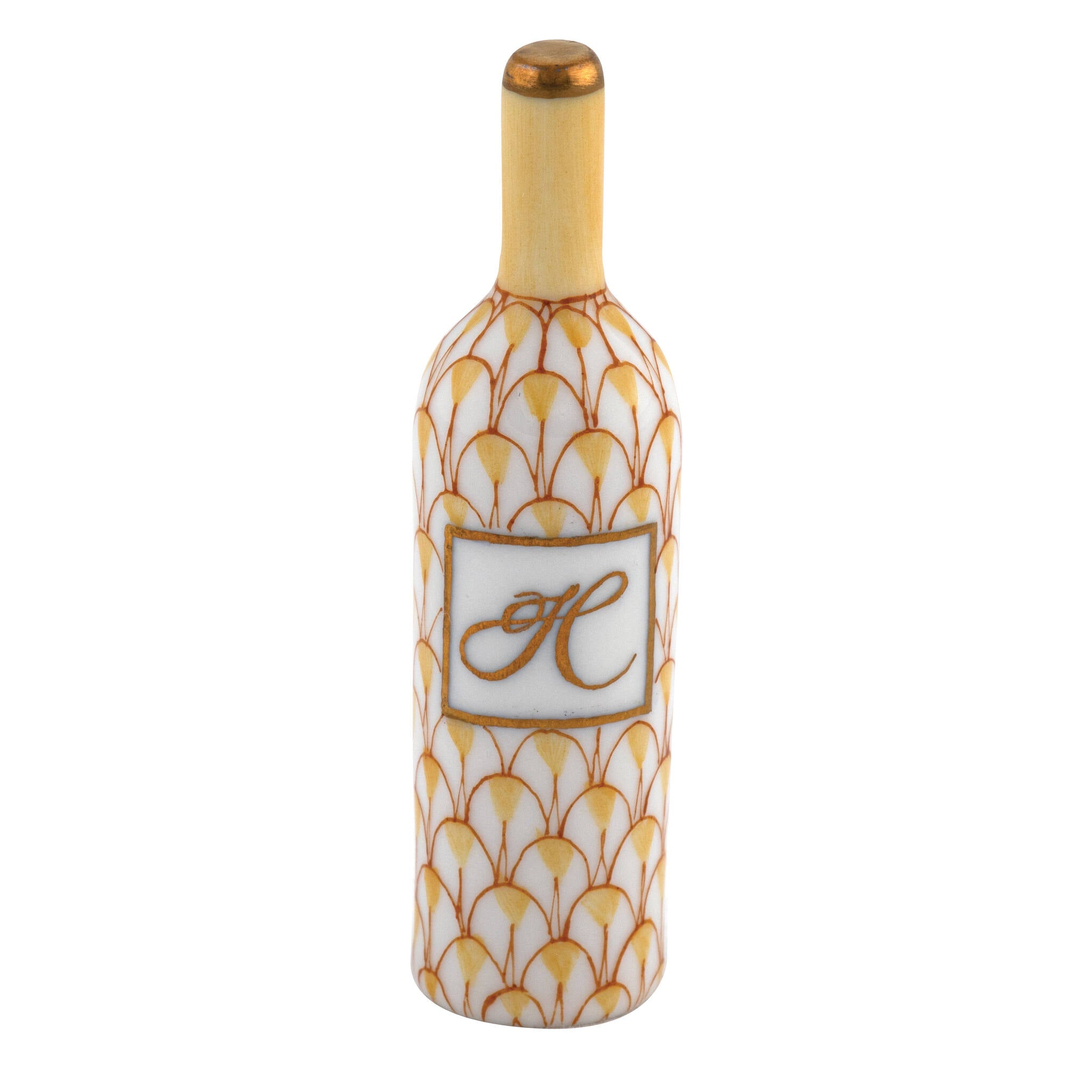 Butterscotch fishnet Wine Bottle Figurine figurine, hand-painted Herend porcelain with 24k gold accents