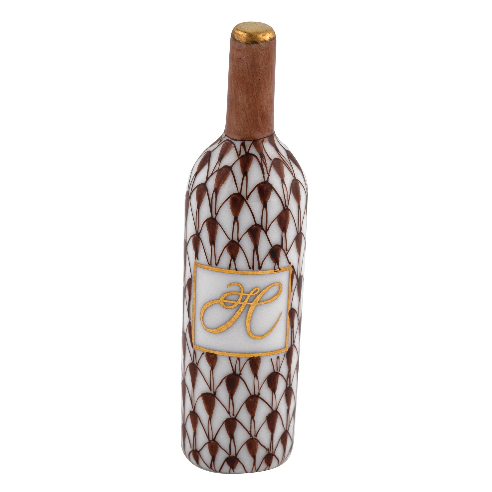 Chocolate fishnet Wine Bottle Figurine figurine, hand-painted Herend porcelain with 24k gold accents