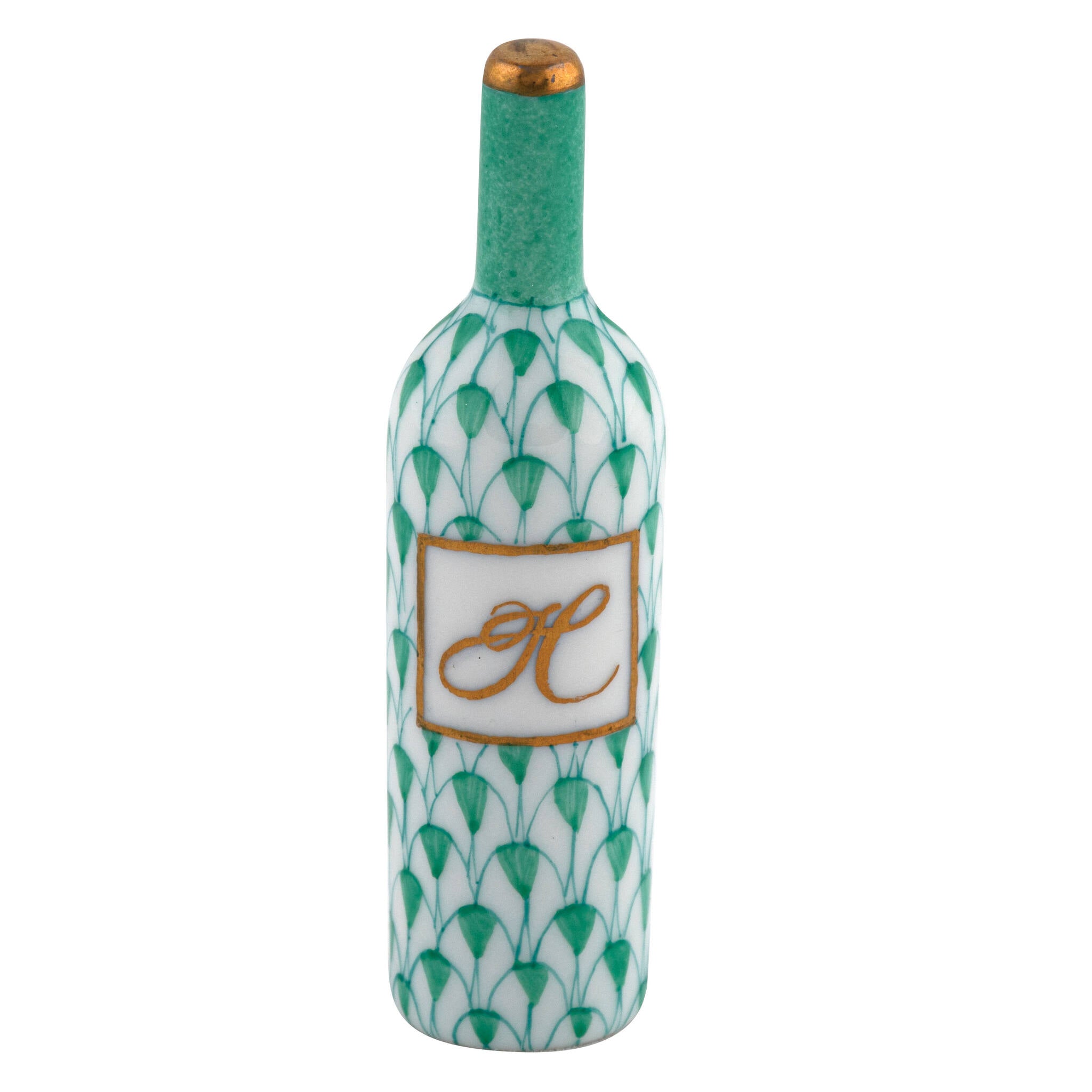Green fishnet Wine Bottle Figurine figurine, hand-painted Herend porcelain with 24k gold accents
