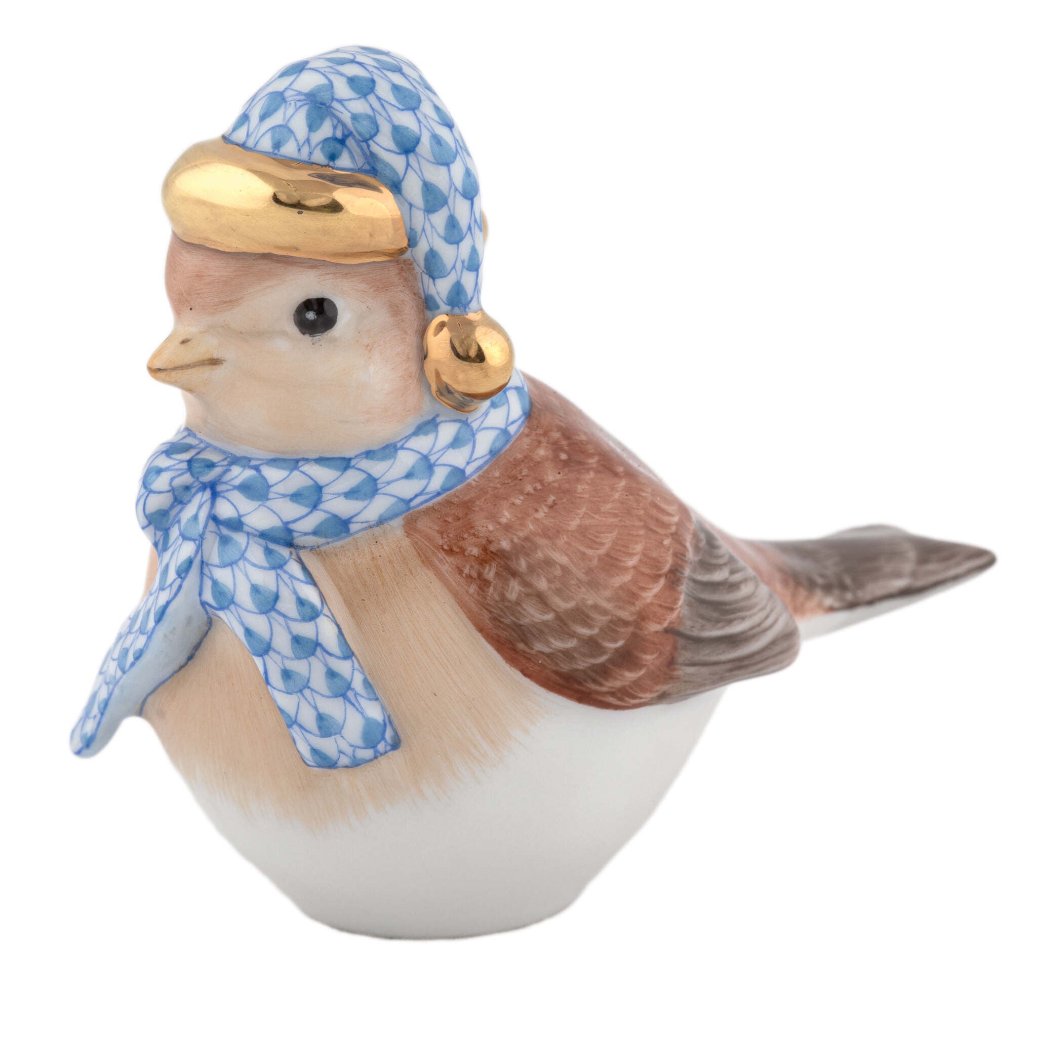 Hand-painted Herend Winter Bird Figurine in Blue fishnet porcelain on a white background