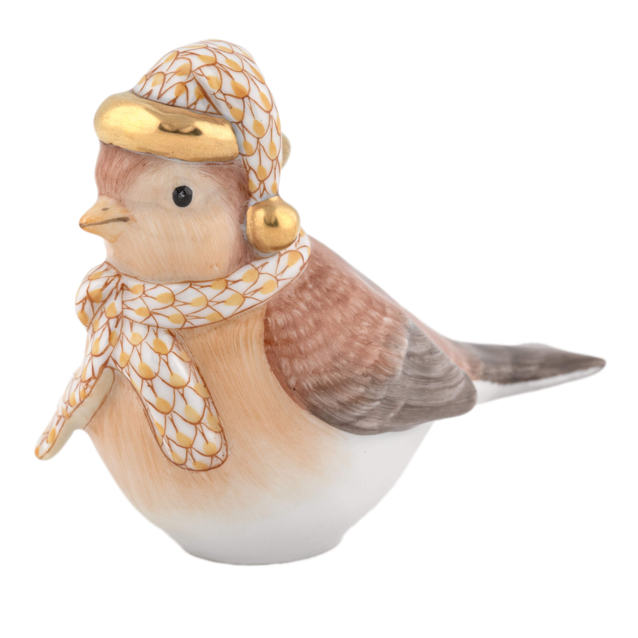Herend Winter Bird figurine in Butterscotch with warm butterscotch yellow fishnet pattern with gold accents on a white background