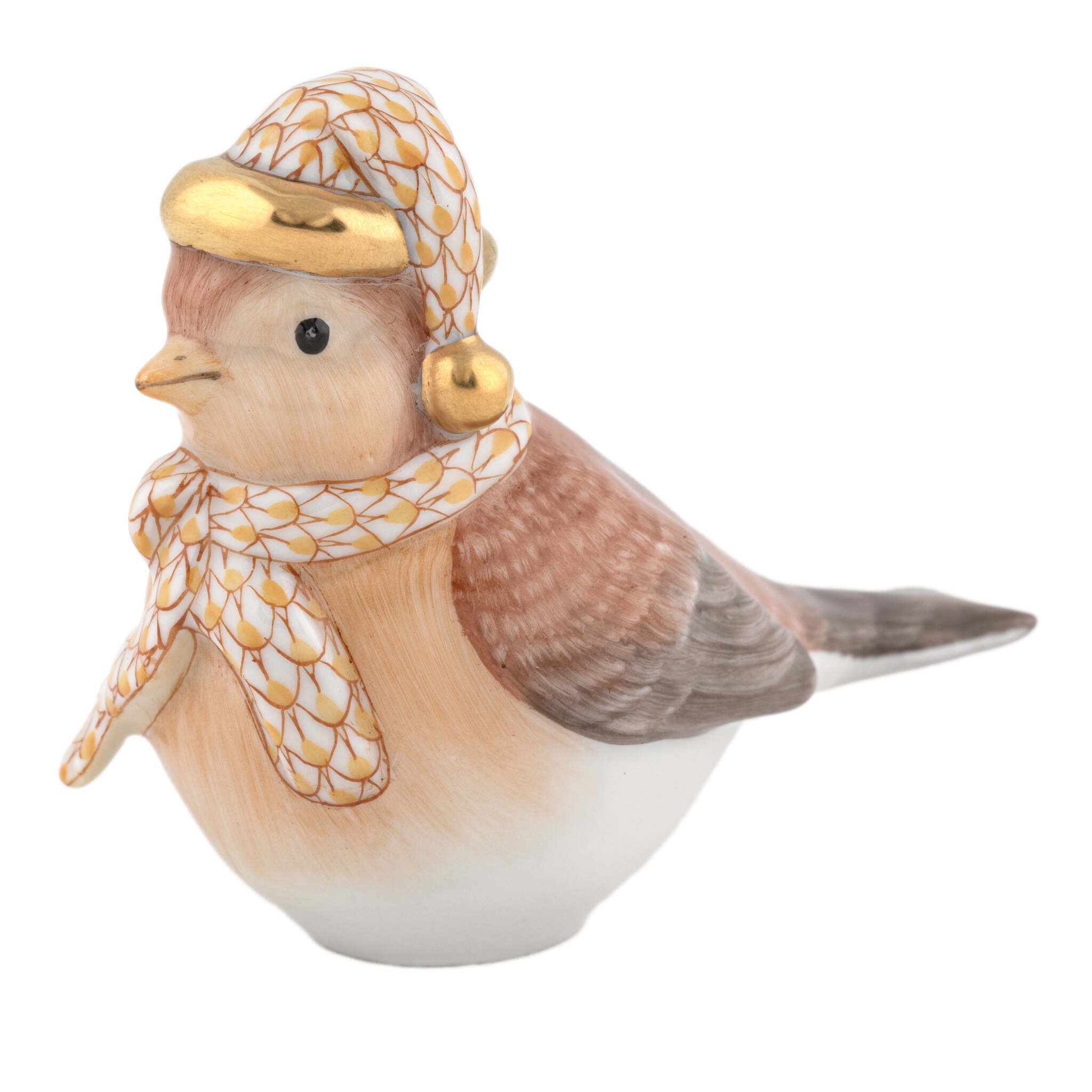 Butterscotch fishnet Winter Bird Figurine figurine, hand-painted Herend porcelain with 24k gold accents