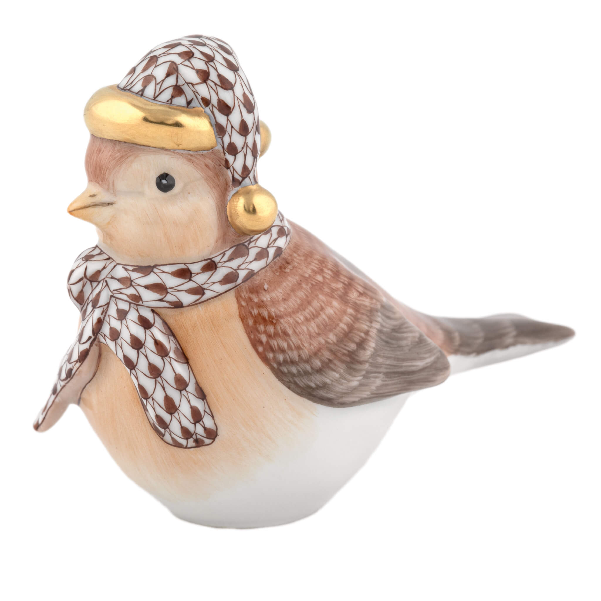 Herend Winter Bird figurine in Chocolate with chocolate brown fishnet pattern with gold accents on a white background