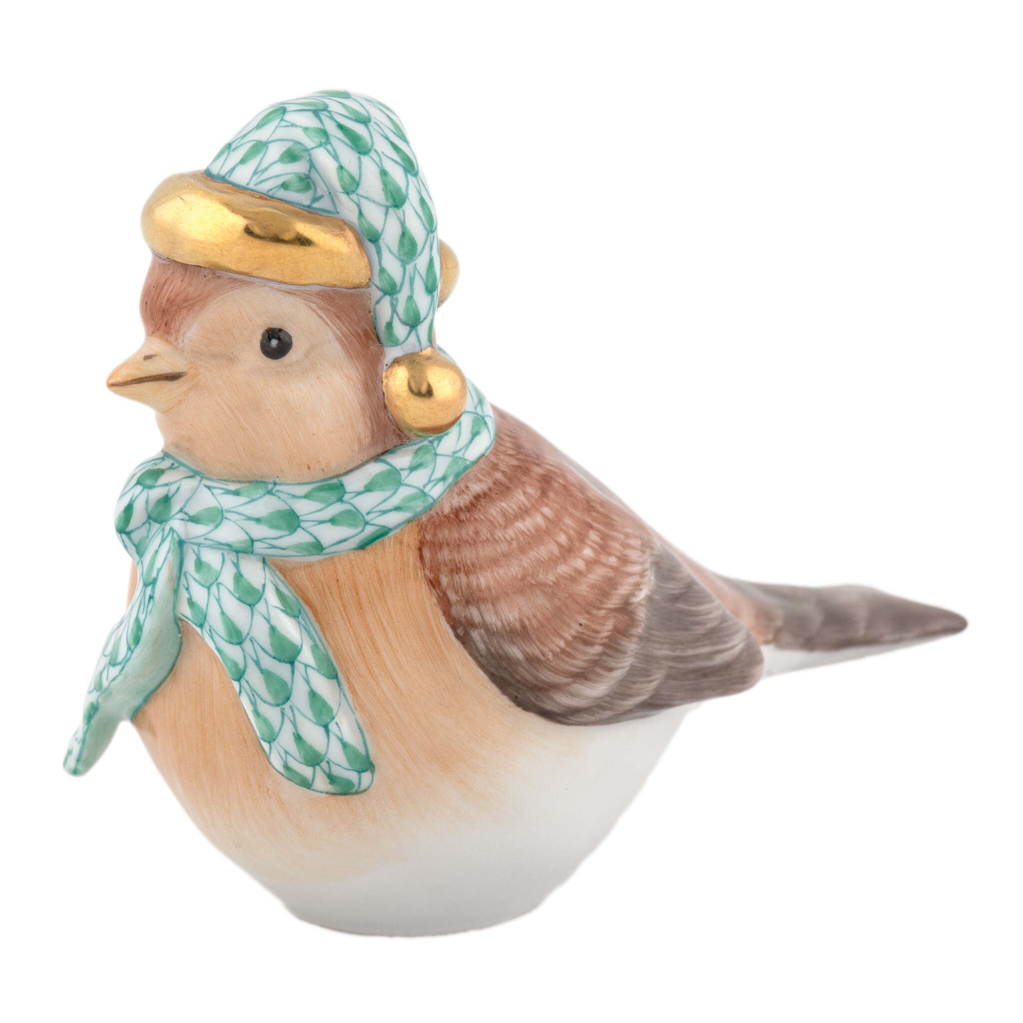 Green fishnet Winter Bird Figurine figurine, hand-painted Herend porcelain with 24k gold accents