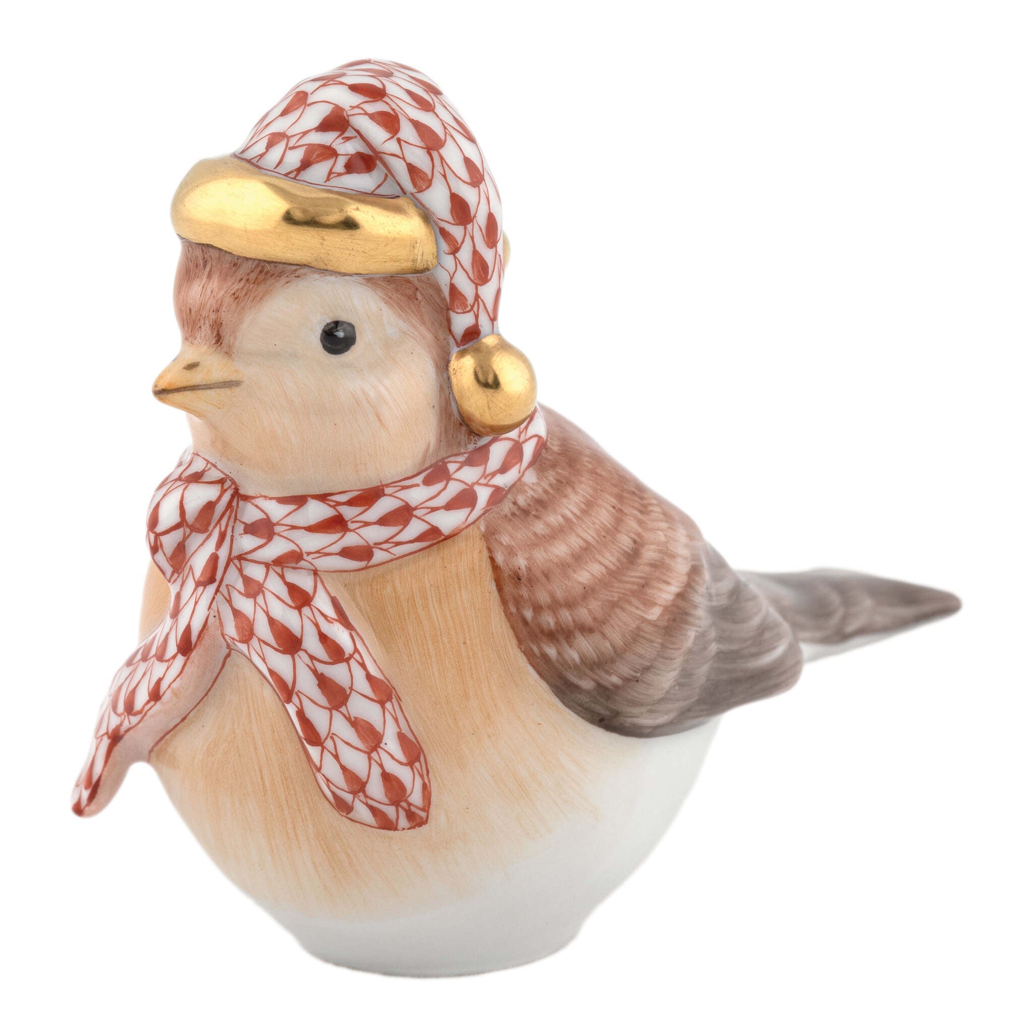 Hand-painted Herend Winter Bird Figurine in Rust fishnet porcelain on a white background