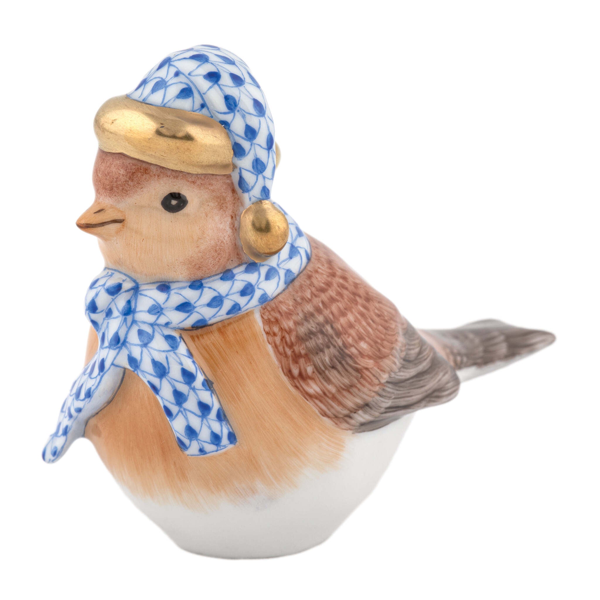 Sapphire fishnet Winter Bird Figurine figurine, hand-painted Herend porcelain with 24k gold accents