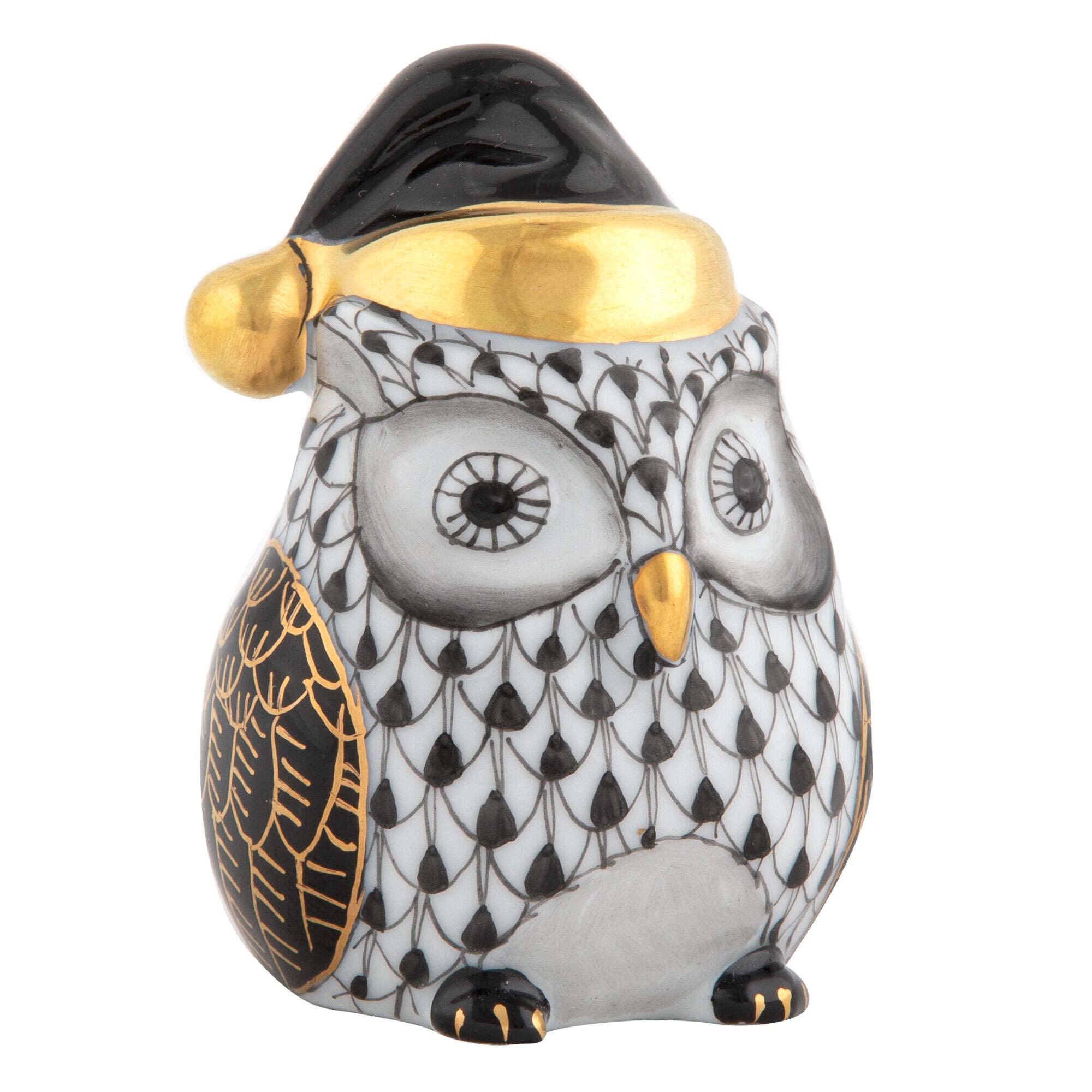 Black fishnet Winter Owl Figurine figurine, hand-painted Herend porcelain with 24k gold accents