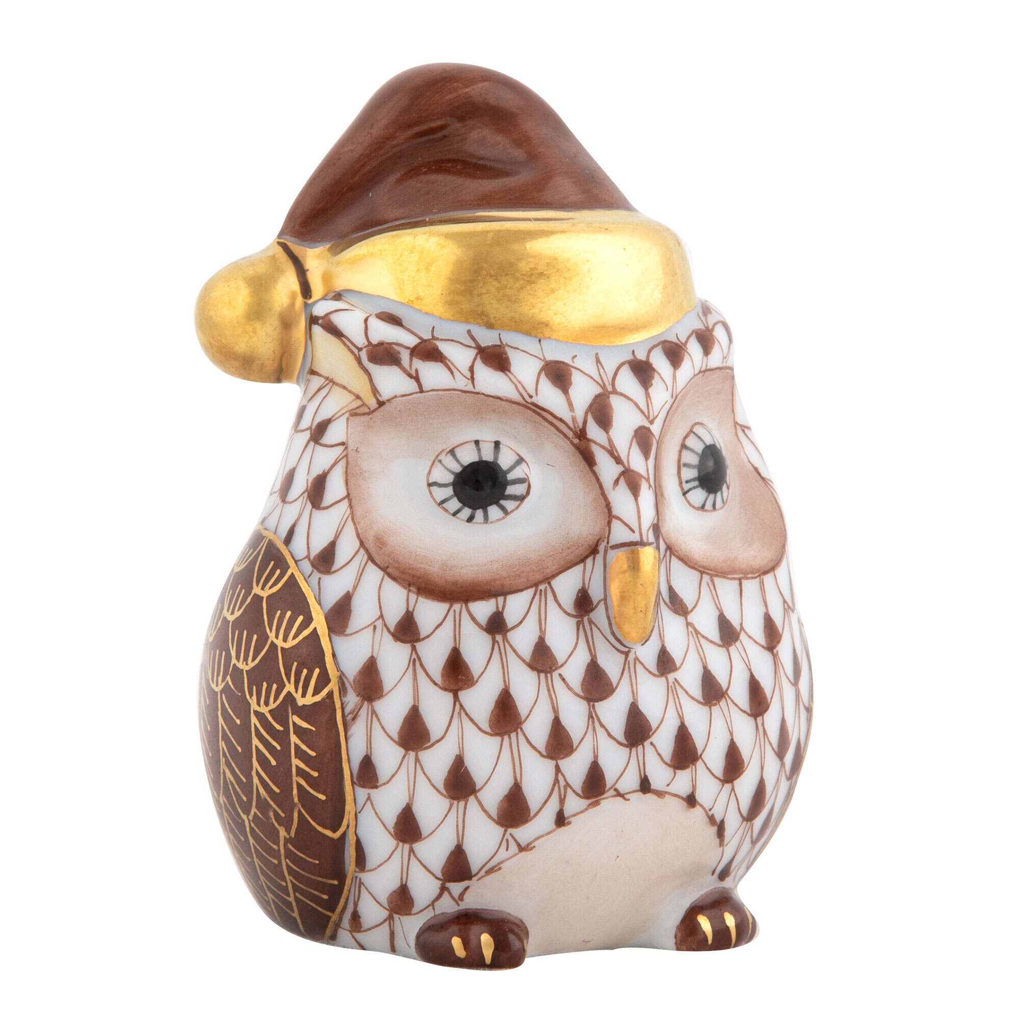 Hand-painted Herend Winter Owl Figurine in Chocolate fishnet porcelain on a white background