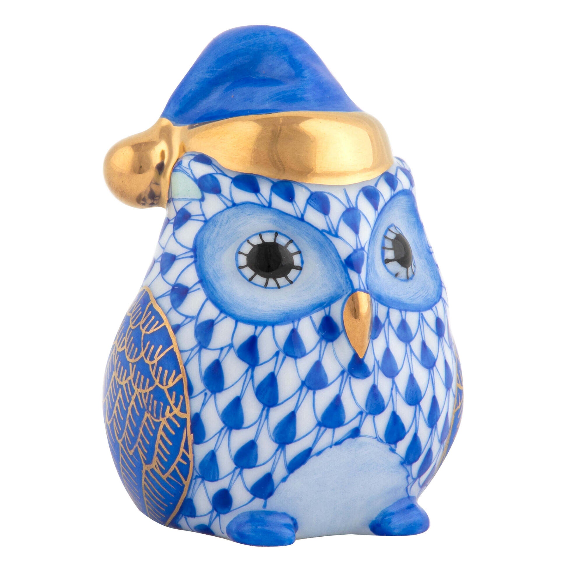 Sapphire fishnet Winter Owl Figurine figurine, hand-painted Herend porcelain with 24k gold accents