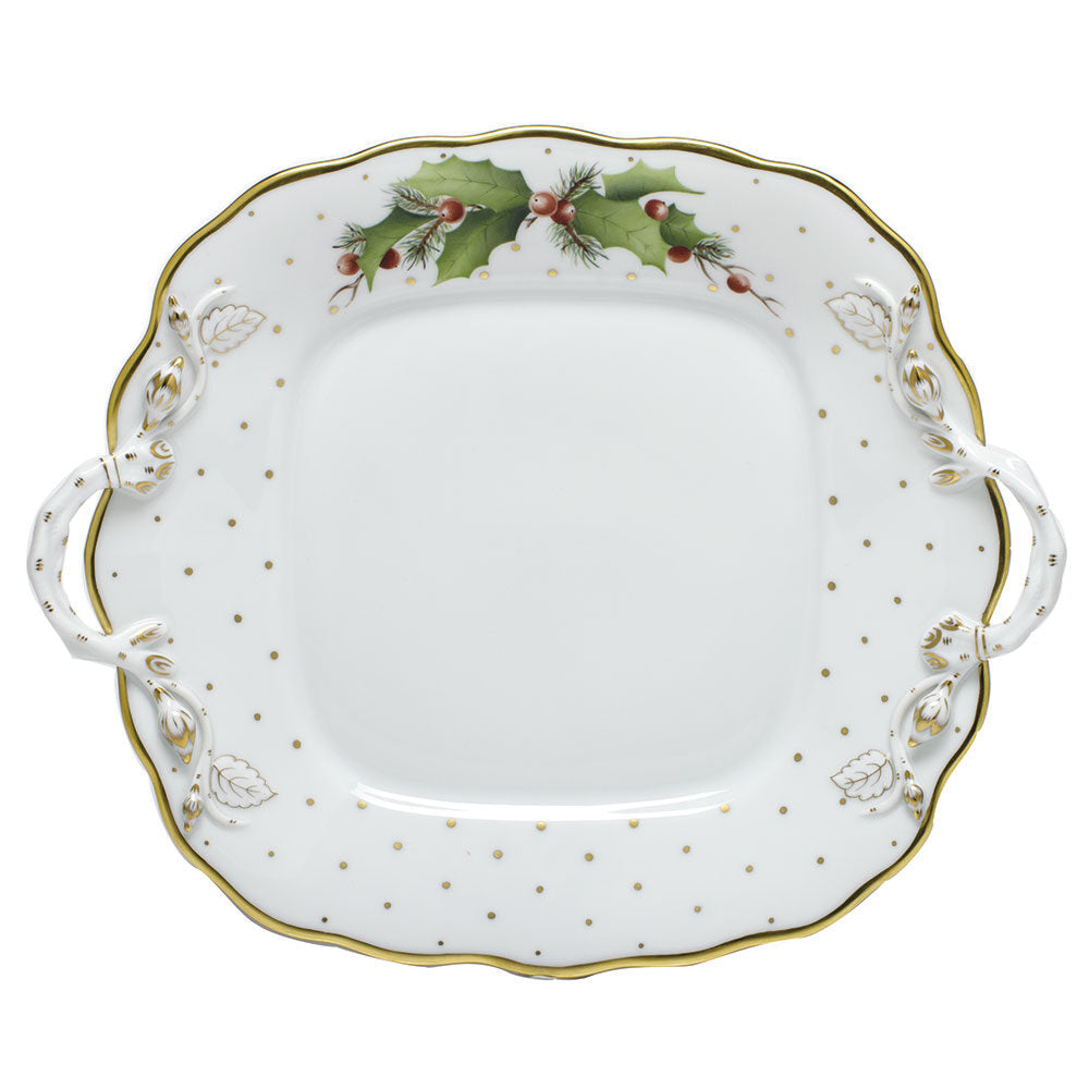 Hand-painted Herend Winter Shimmer Square Cake Plate with Handles in fine porcelain, 9.5in SQ, on a white background