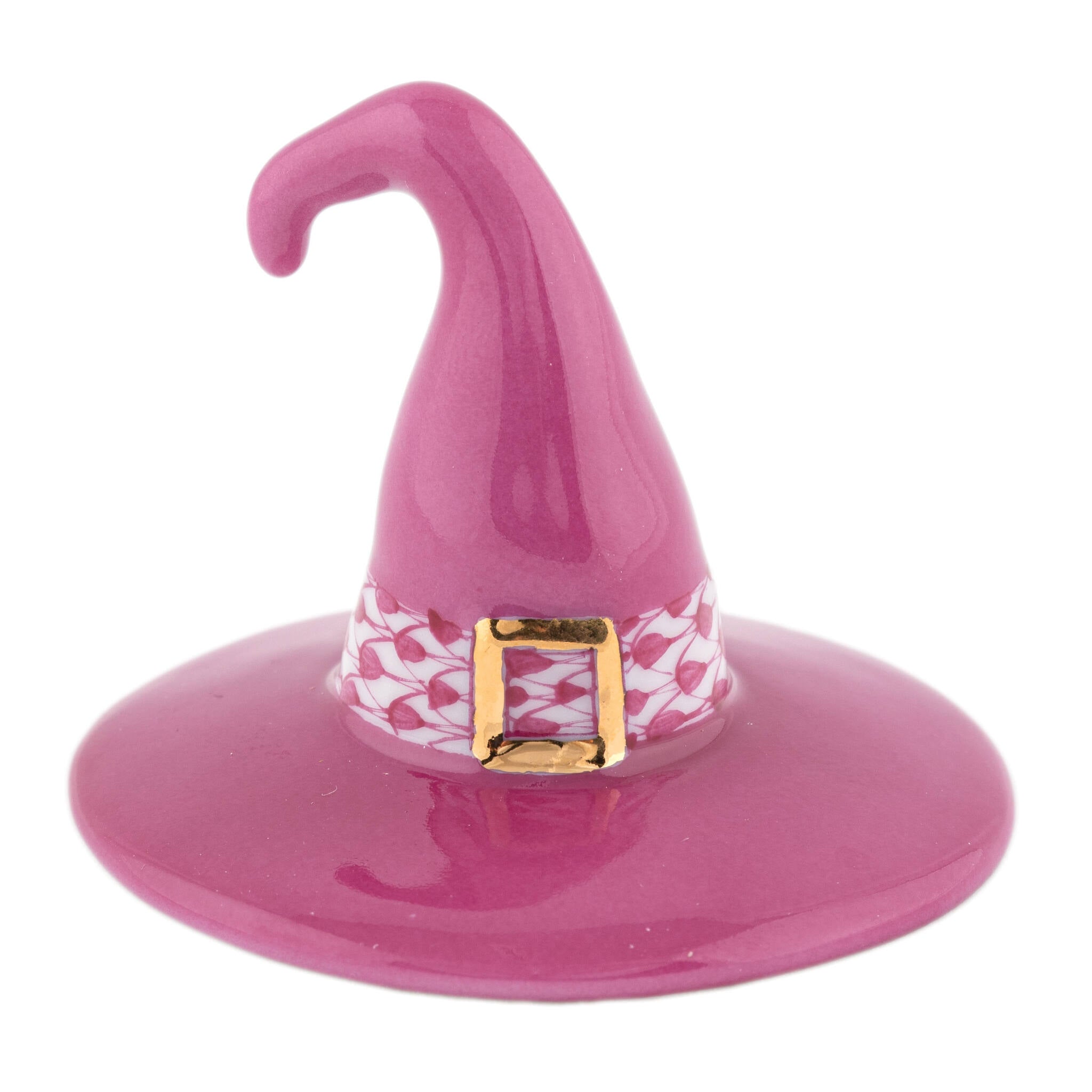 Hand-painted Herend Witch Hat Figurine in Raspberry fishnet porcelain on a white background